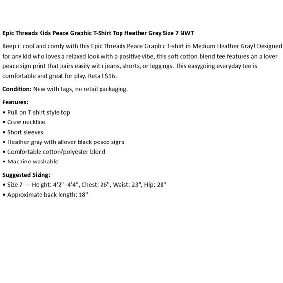 Epic Threads Kids Peace Graphic T-Shirt Top Heather Gray Size 7 NWT - Picture 2 of 4